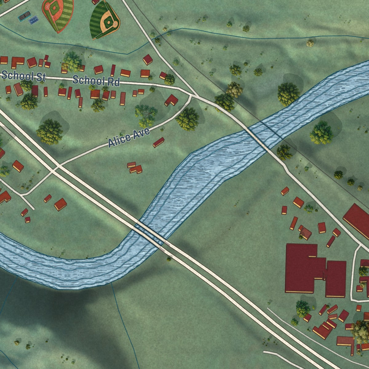 Close-up of the map of Dryden, Washington print showing street and building detail