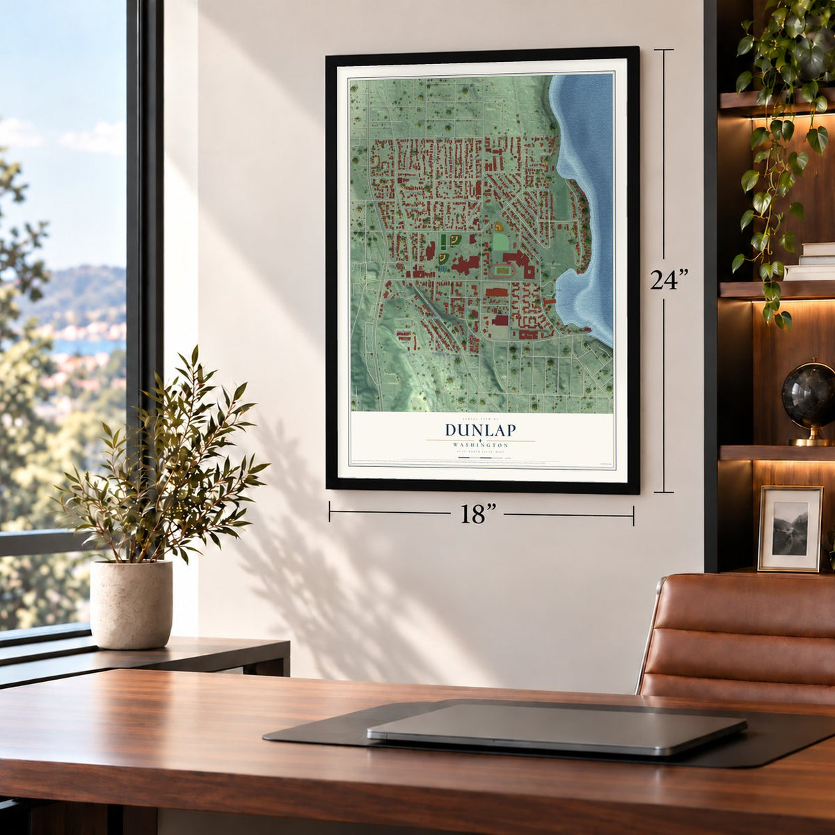 Dunlap, Washington map, 18 x 24 inch print in a black frame in a home office