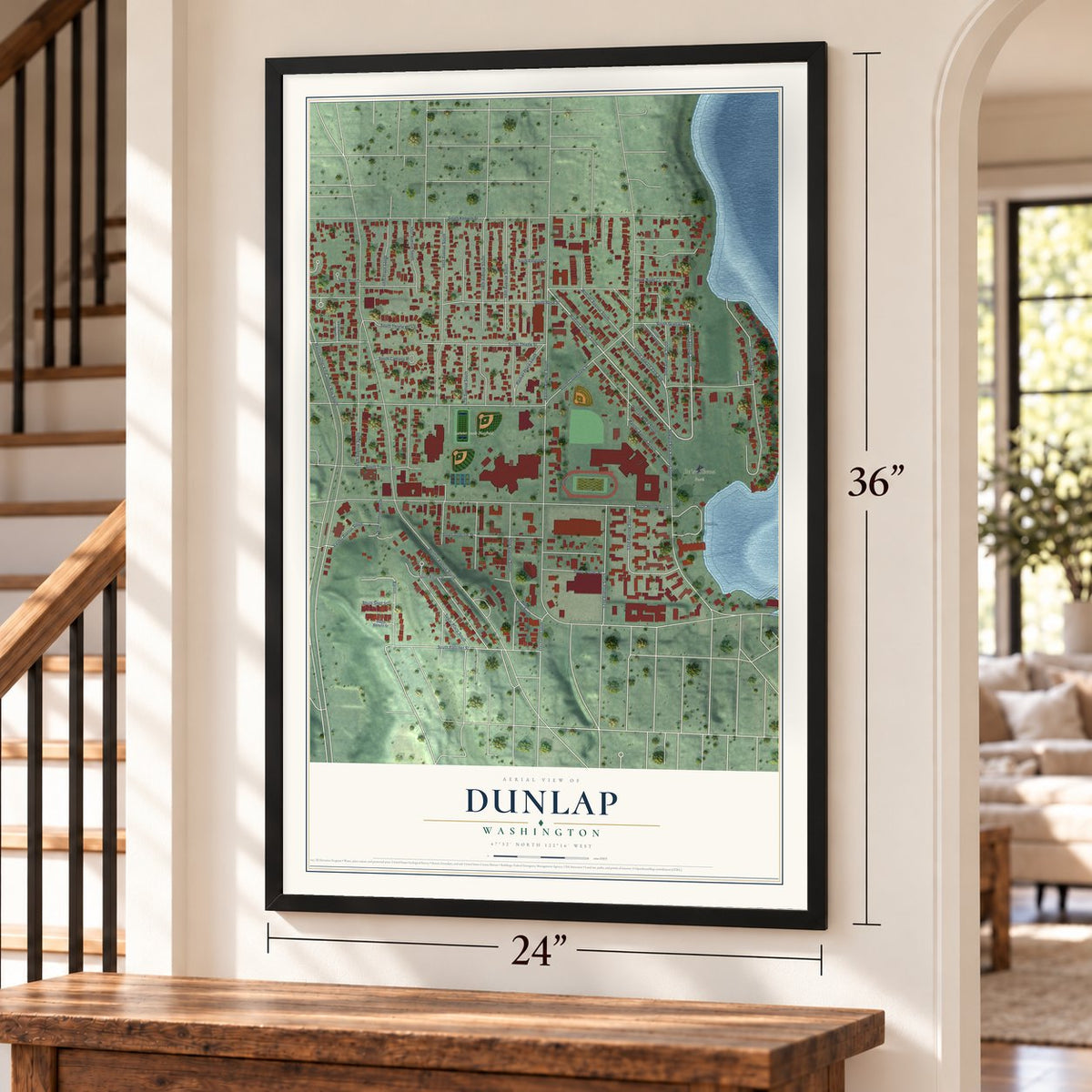 Dunlap, Washington map, 24 x 36 inch print in a black frame by a staircase