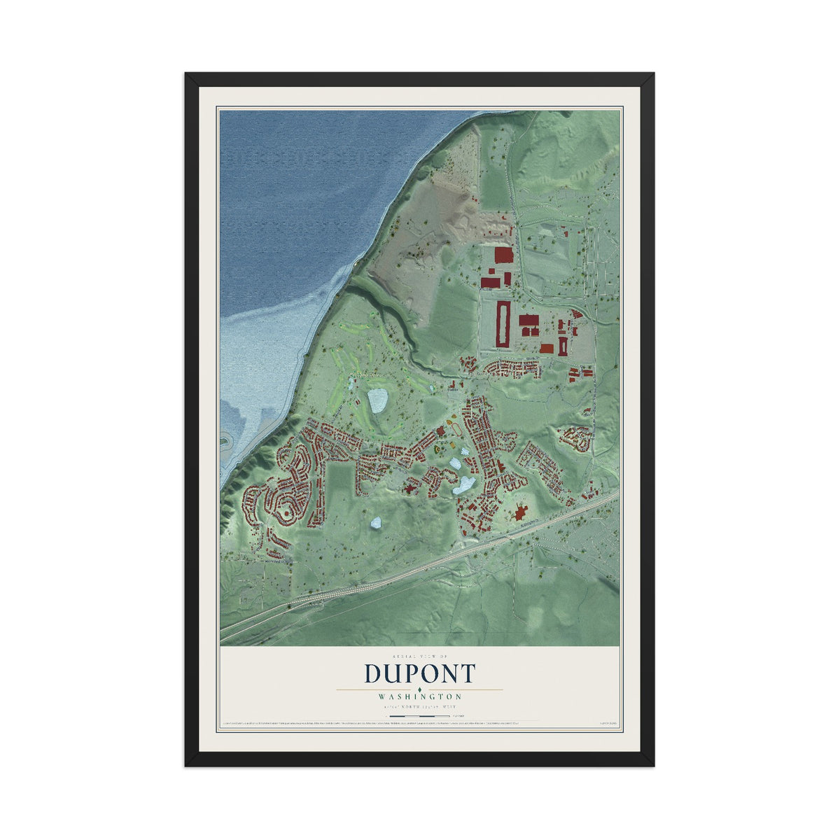 Map of DuPont, Washington, 12 x 18 inch print in a black wood frame