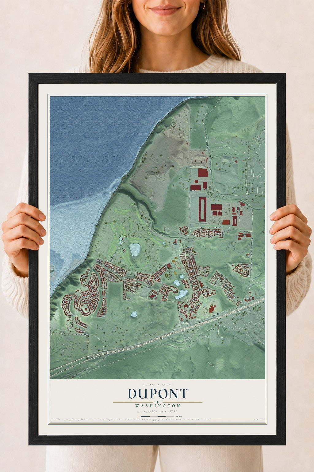 Map of DuPont, Washington, 18 x 24 inch print in a black wood frame