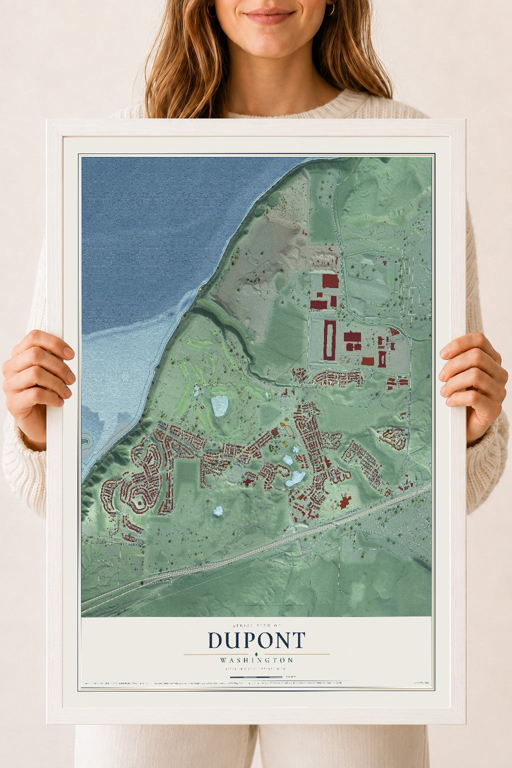 Map of DuPont, Washington, 18 x 24 inch print in a white wood frame