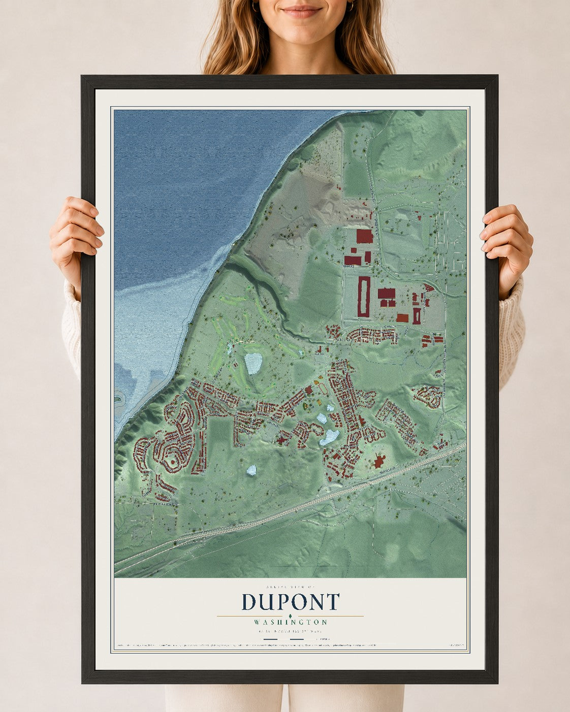 Map of DuPont, Washington, 24 x 36 inch print in a black wood frame