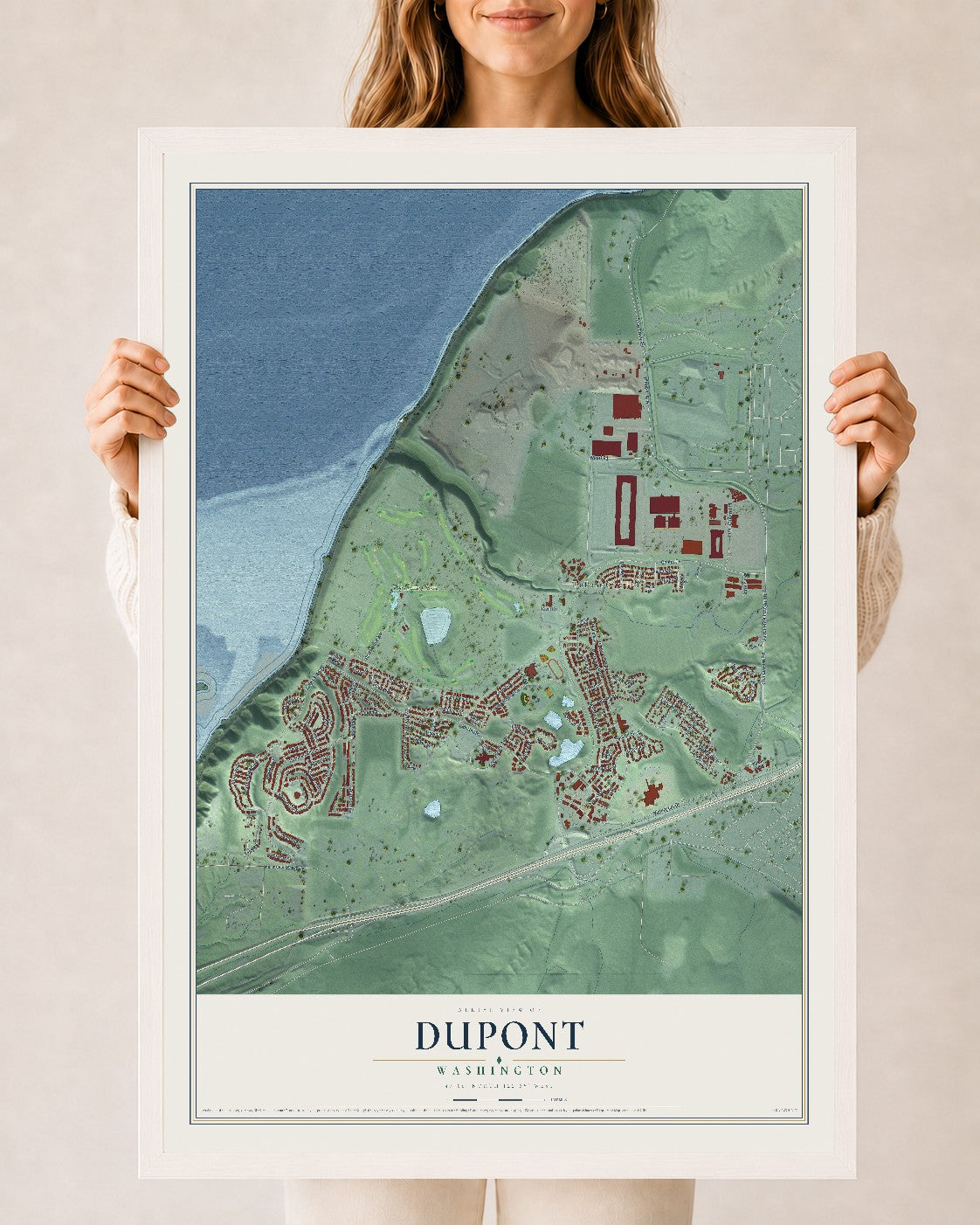 Map of DuPont, Washington, 24 x 36 inch print in a white wood frame