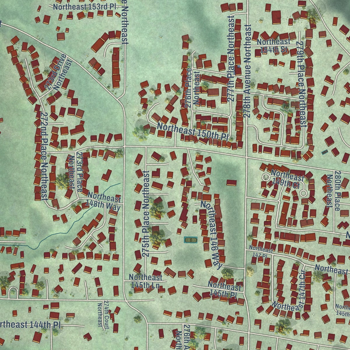 Close-up of the map of Duvall, Washington print showing street and building detail