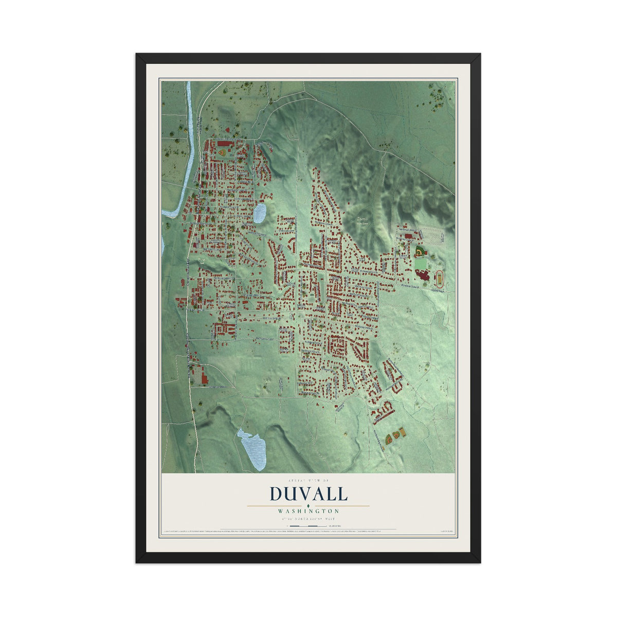 Map of Duvall, Washington, 12 x 18 inch print in a black wood frame