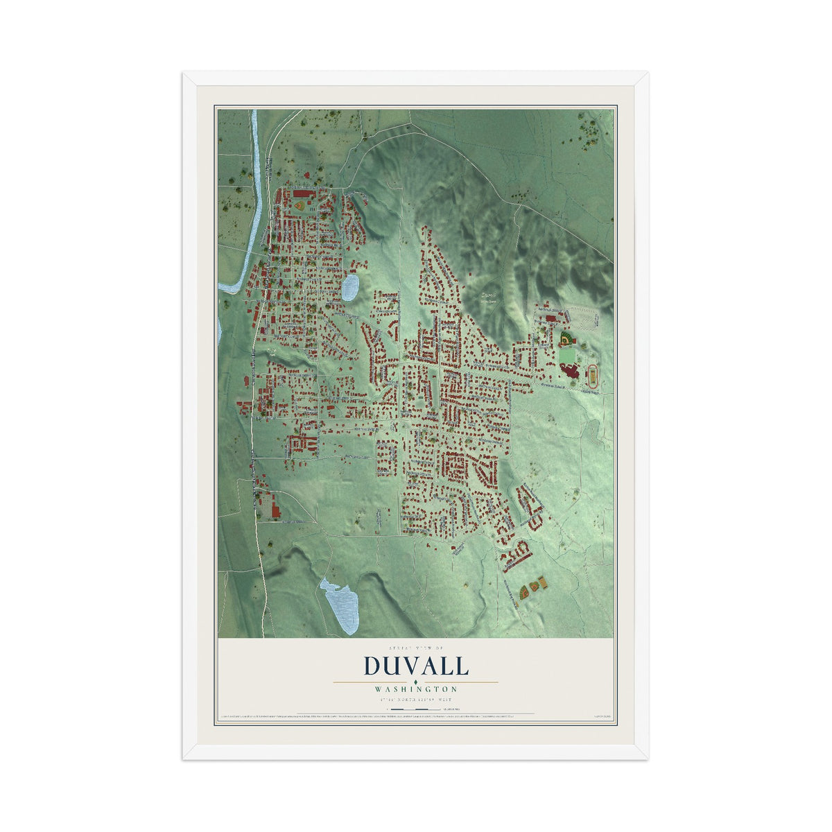 Map of Duvall, Washington, 12 x 18 inch print in a white wood frame
