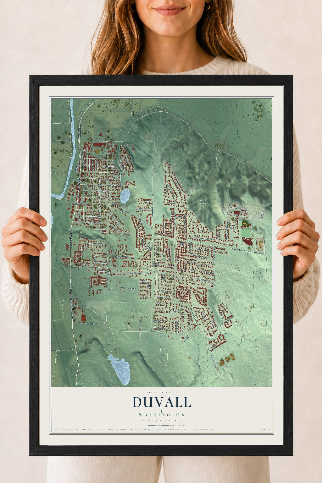 Map of Duvall, Washington, 18 x 24 inch print in a black wood frame