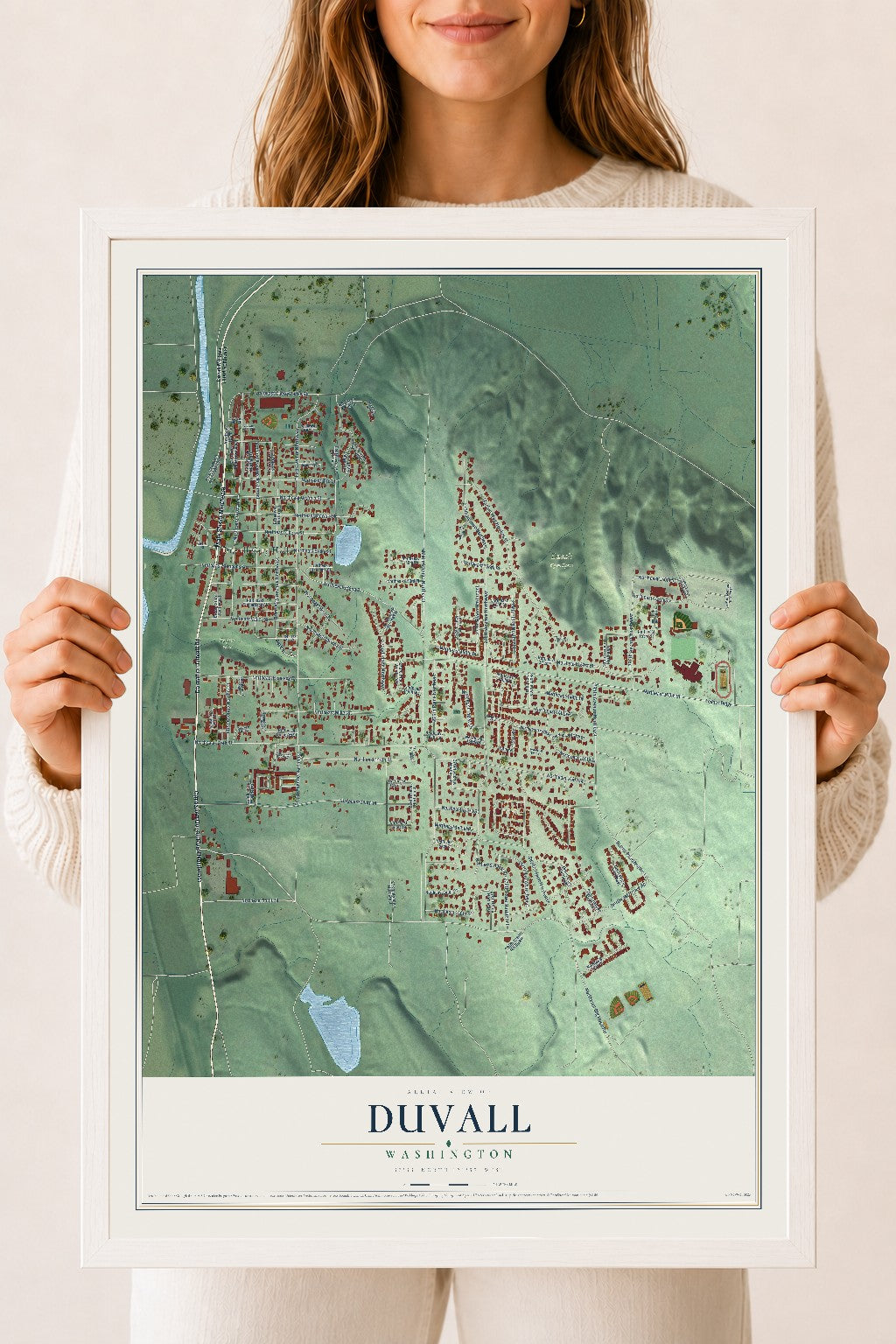 Map of Duvall, Washington, 18 x 24 inch print in a white wood frame
