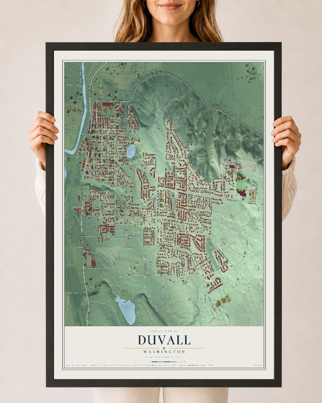 Map of Duvall, Washington, 24 x 36 inch print in a black wood frame