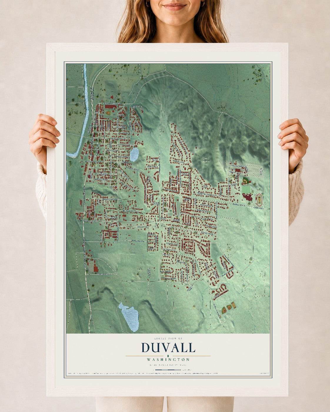 Map of Duvall, Washington, 24 x 36 inch print in a white wood frame