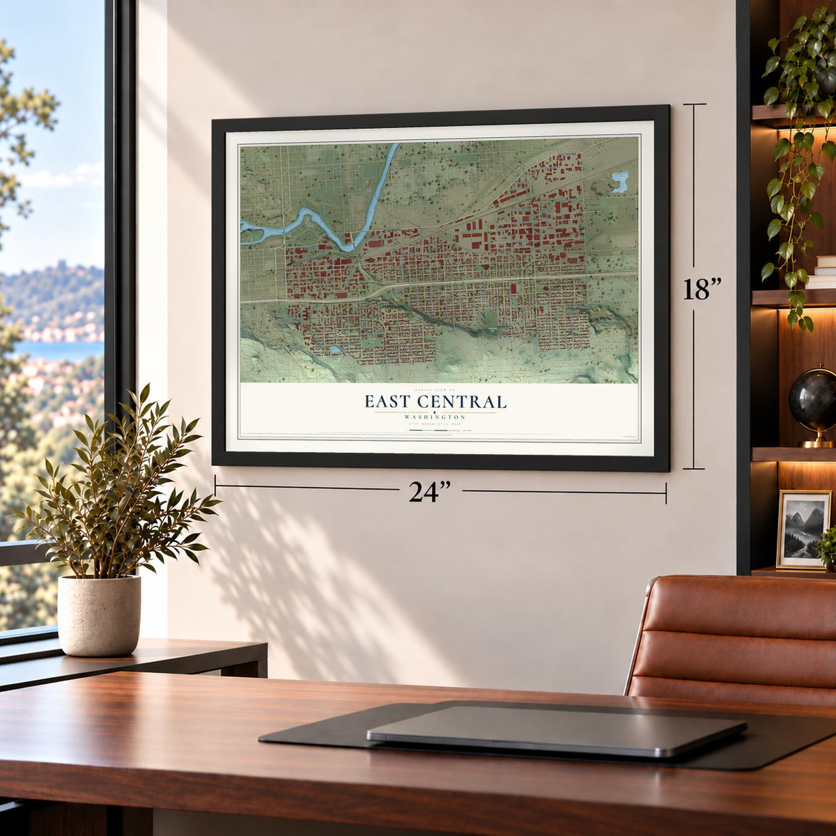 East Central, Washington map, 18 x 24 inch print in a black frame in a home office
