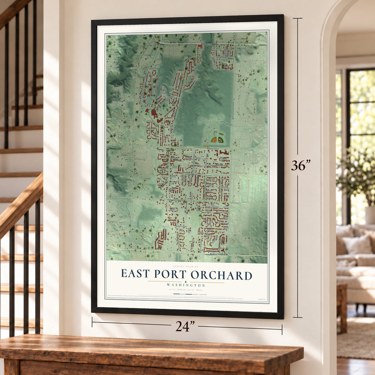 East Port Orchard, Washington map, 24 x 36 inch print in a black frame by a staircase