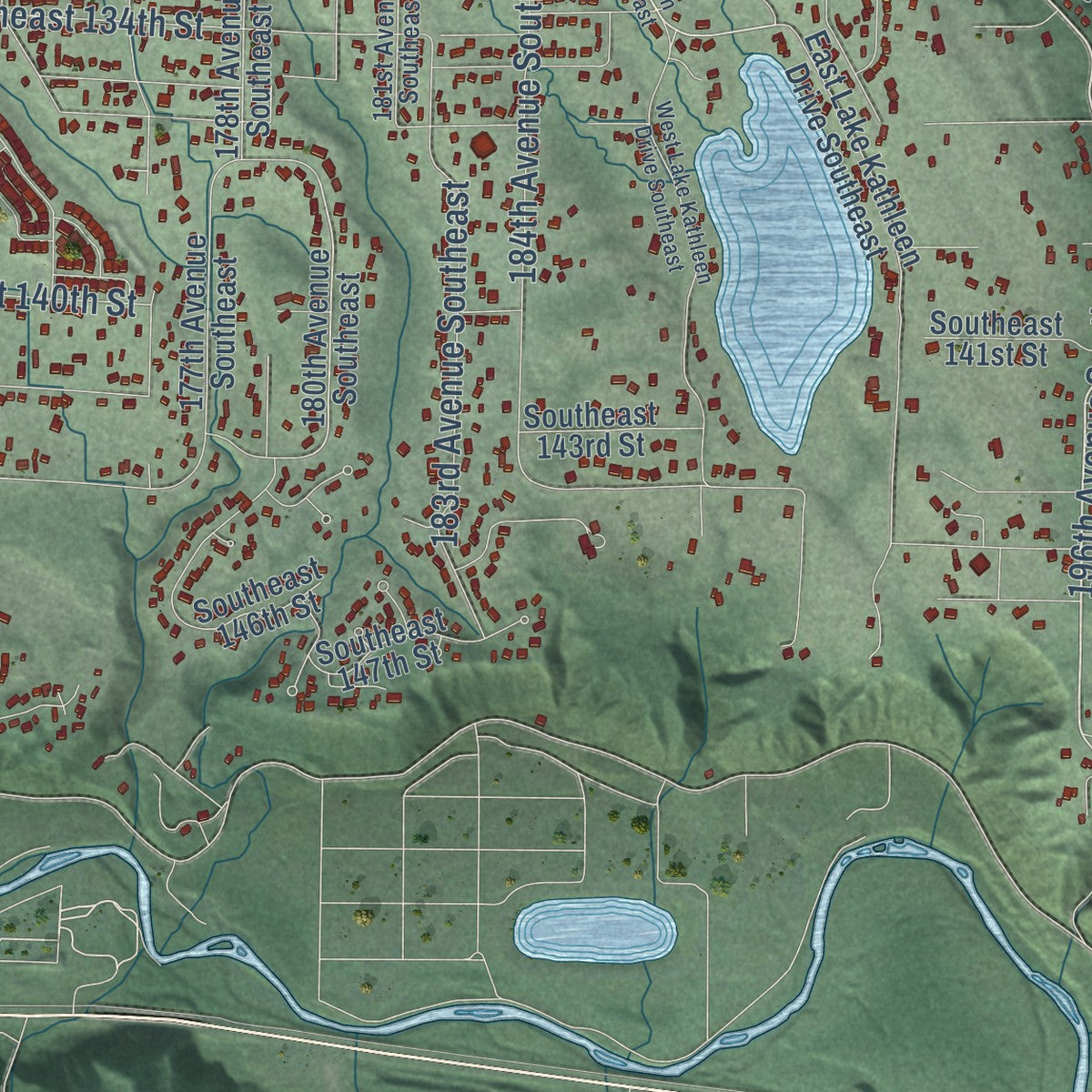 Second close-up of the map of East Renton Highlands, Washington print showing more streets and buildings