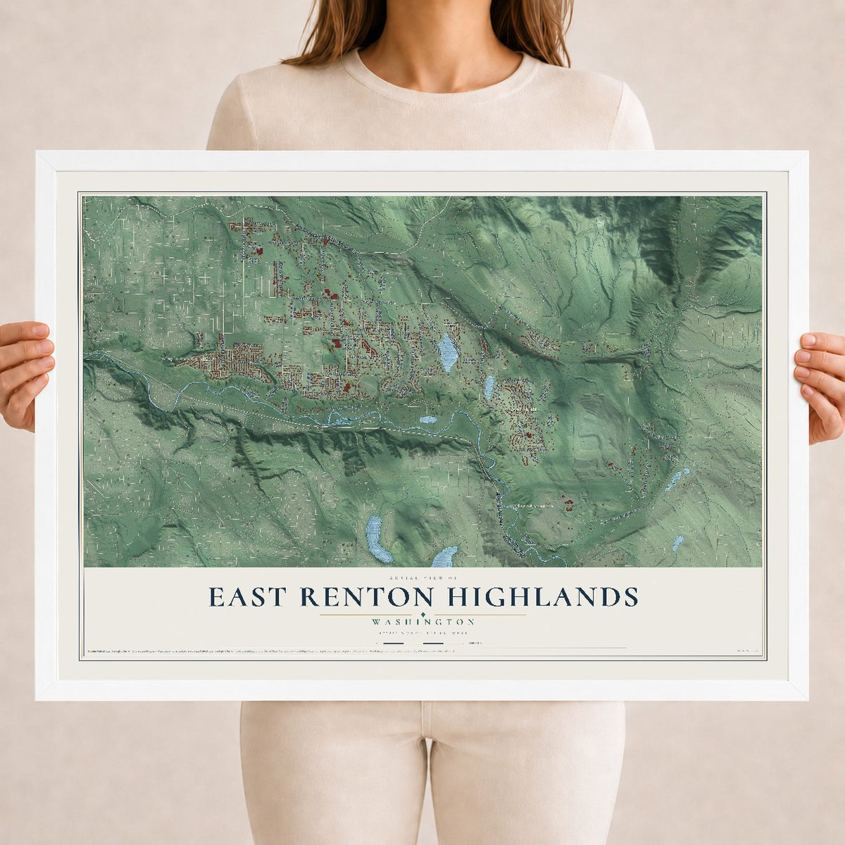 Map of East Renton Highlands, Washington, 18 x 24 inch print in a white wood frame