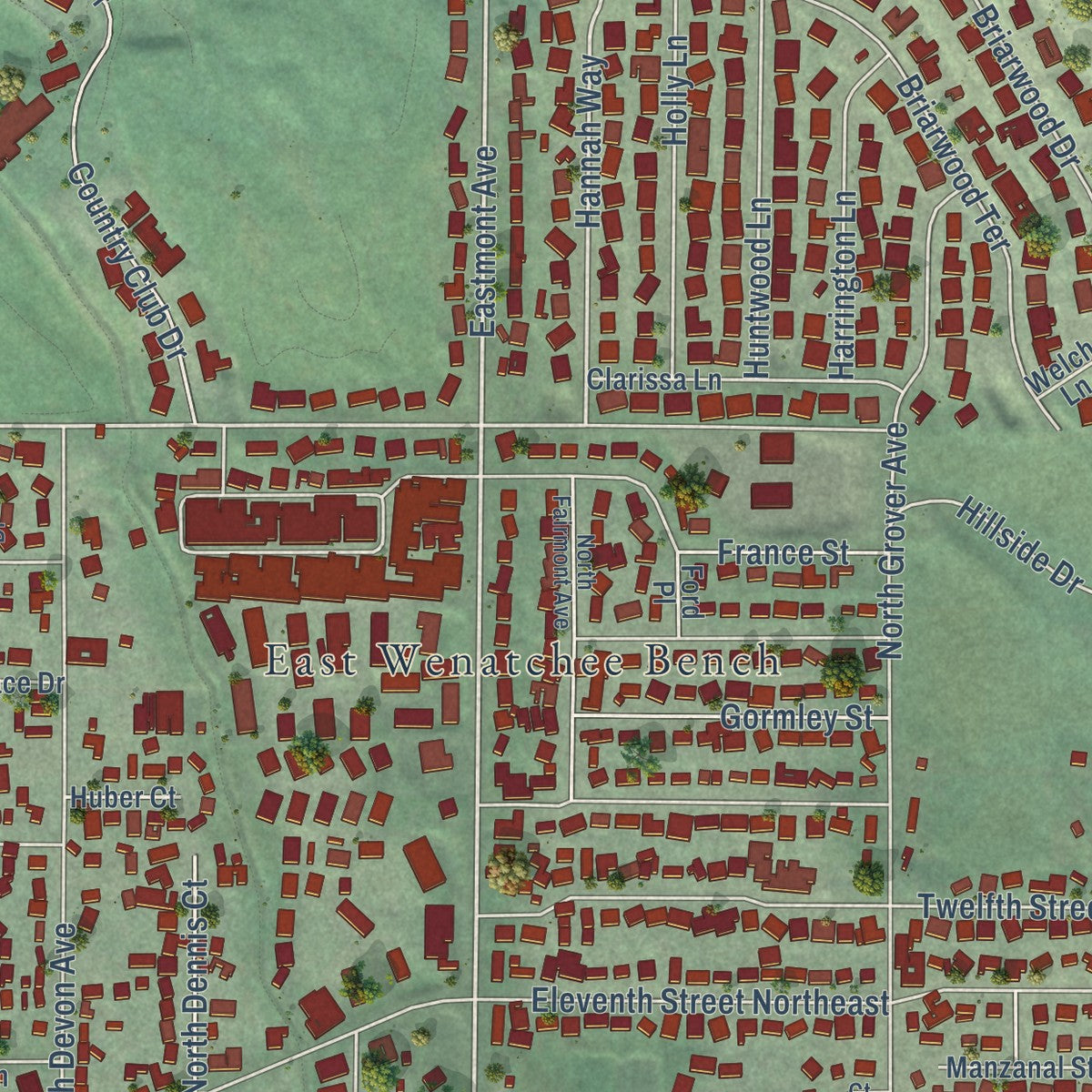 Close-up of the map of East Wenatchee, Washington print showing street and building detail