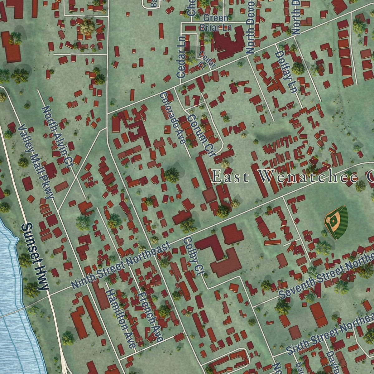 Second close-up of the map of East Wenatchee, Washington print showing more streets and buildings
