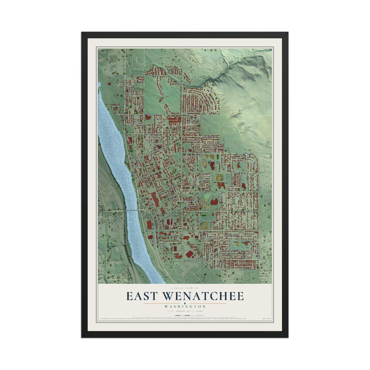 Map of East Wenatchee, Washington, 12 x 18 inch print in a black wood frame