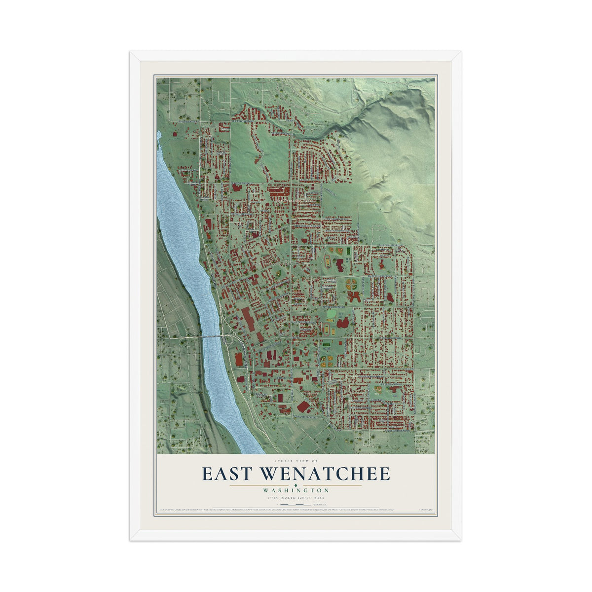 Map of East Wenatchee, Washington, 12 x 18 inch print in a white wood frame