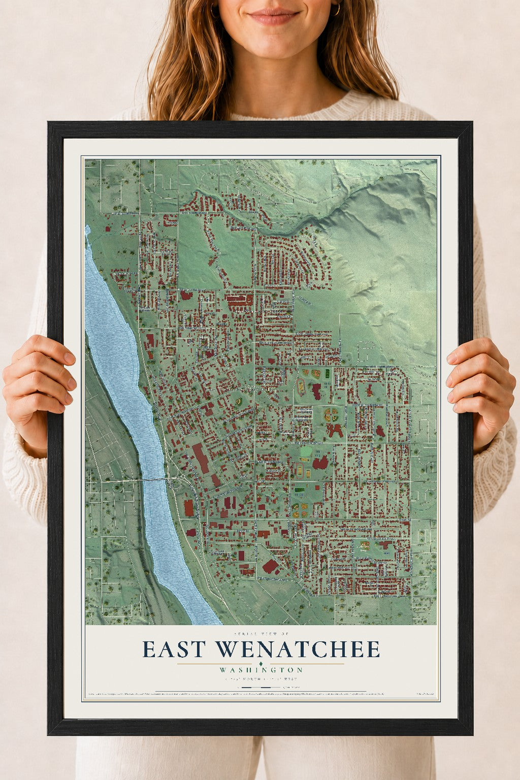 Map of East Wenatchee, Washington, 18 x 24 inch print in a black wood frame