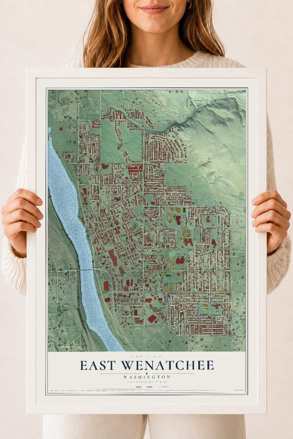 Map of East Wenatchee, Washington, 18 x 24 inch print in a white wood frame