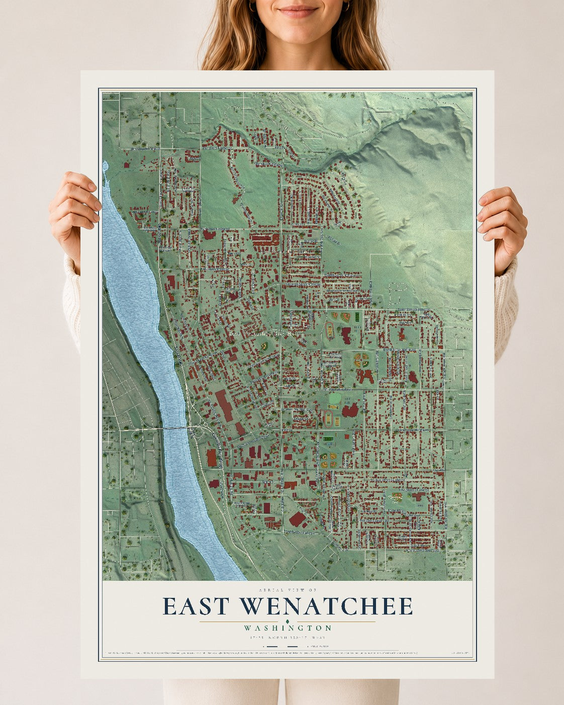 Map of East Wenatchee, Washington, 24 x 36 inch unframed archival matte print