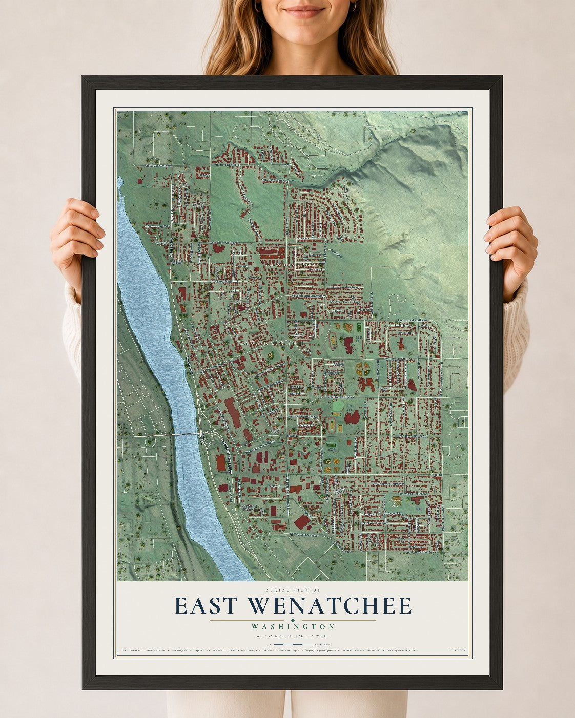 Map of East Wenatchee, Washington, 24 x 36 inch print in a black wood frame