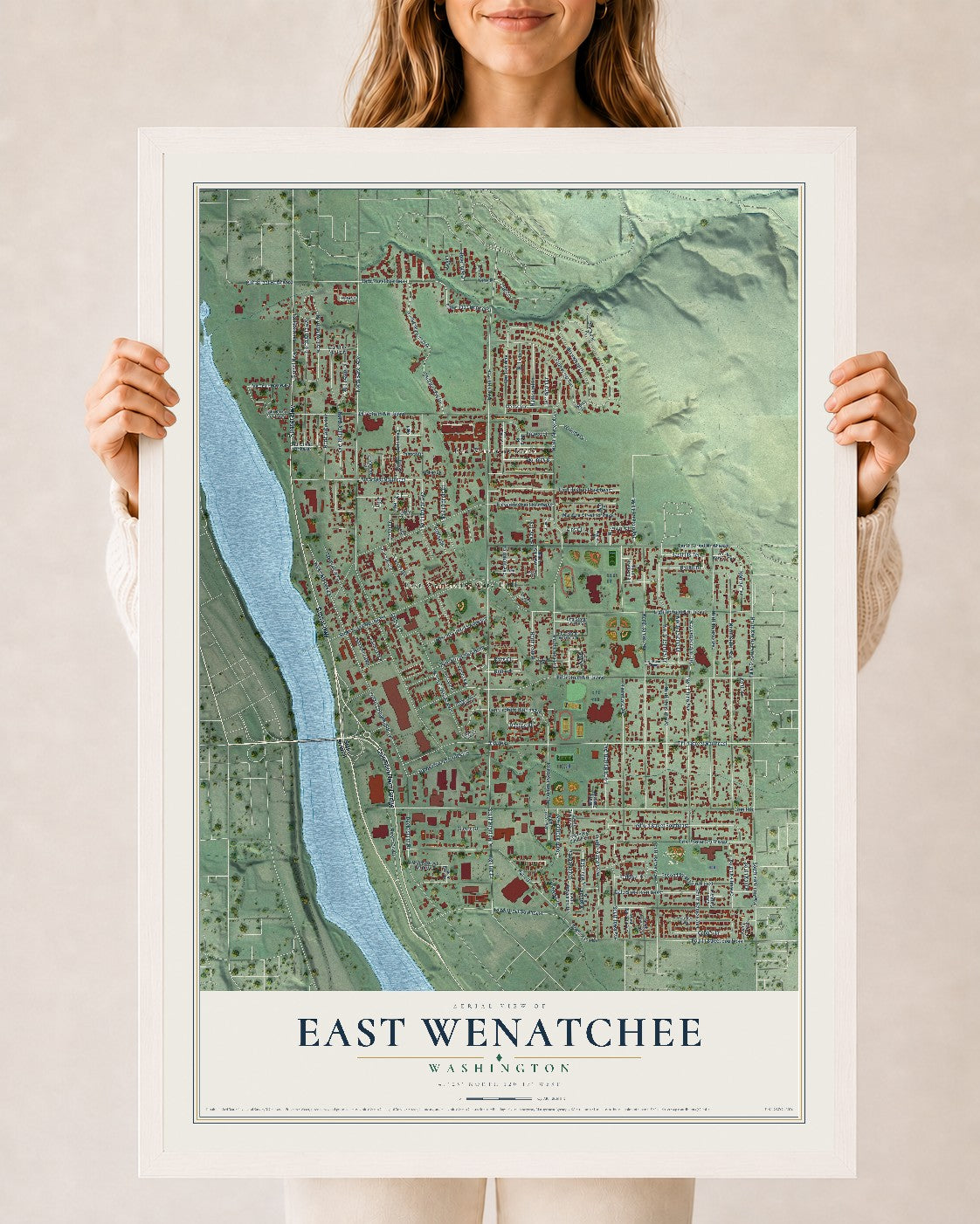 Map of East Wenatchee, Washington, 24 x 36 inch print in a white wood frame