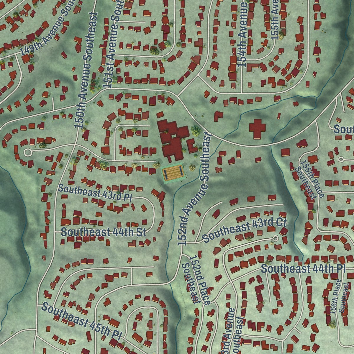 Close-up of the map of Eastgate, Washington print showing street and building detail