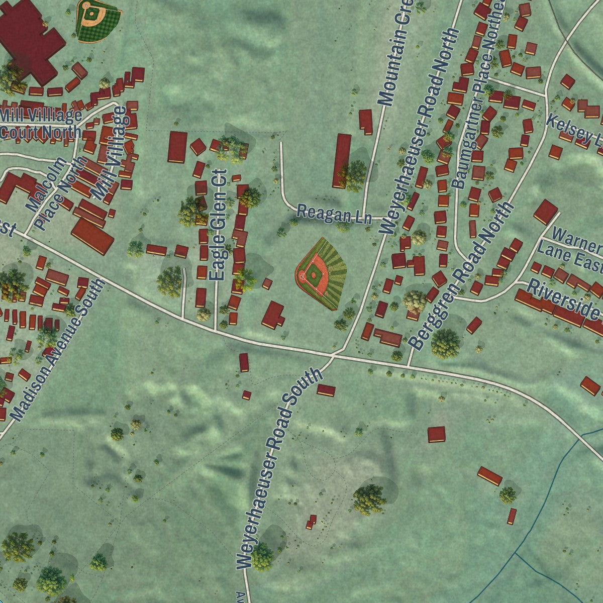 Second close-up of the map of Eatonville, Washington print showing more streets and buildings