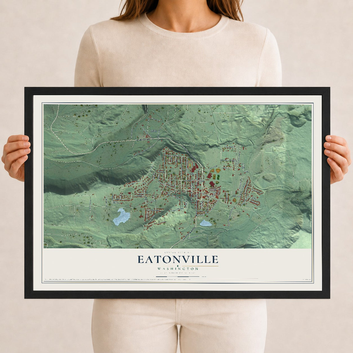 Map of Eatonville, Washington, 12 x 18 inch print in a black wood frame