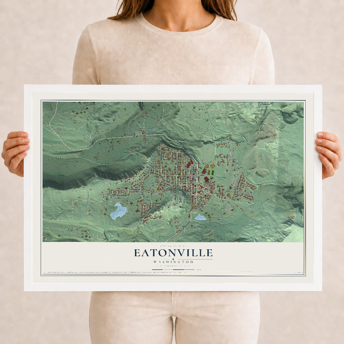Map of Eatonville, Washington, 12 x 18 inch print in a white wood frame