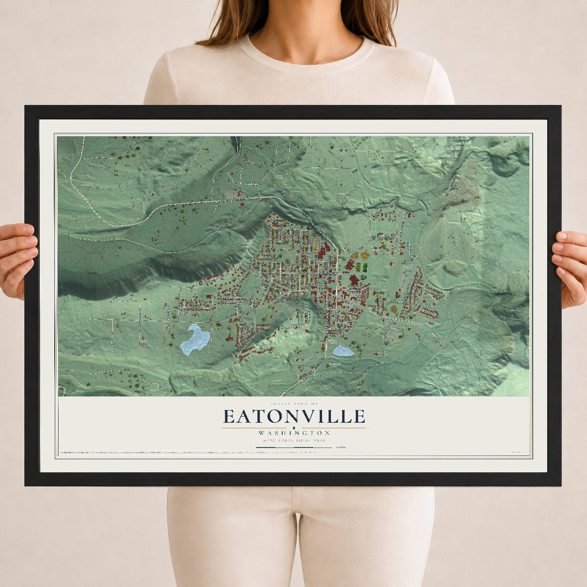 Map of Eatonville, Washington, 18 x 24 inch print in a black wood frame