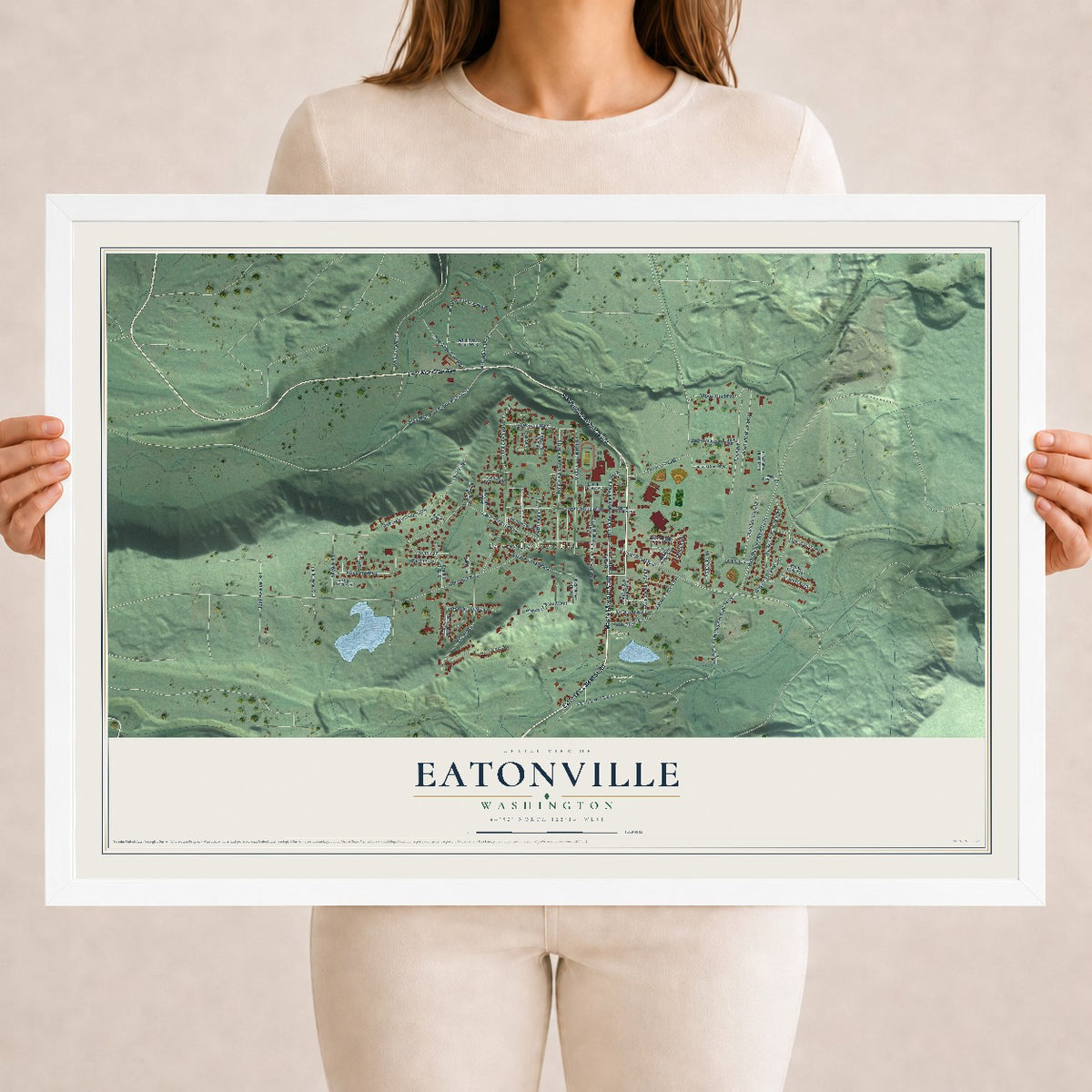 Map of Eatonville, Washington, 18 x 24 inch print in a white wood frame