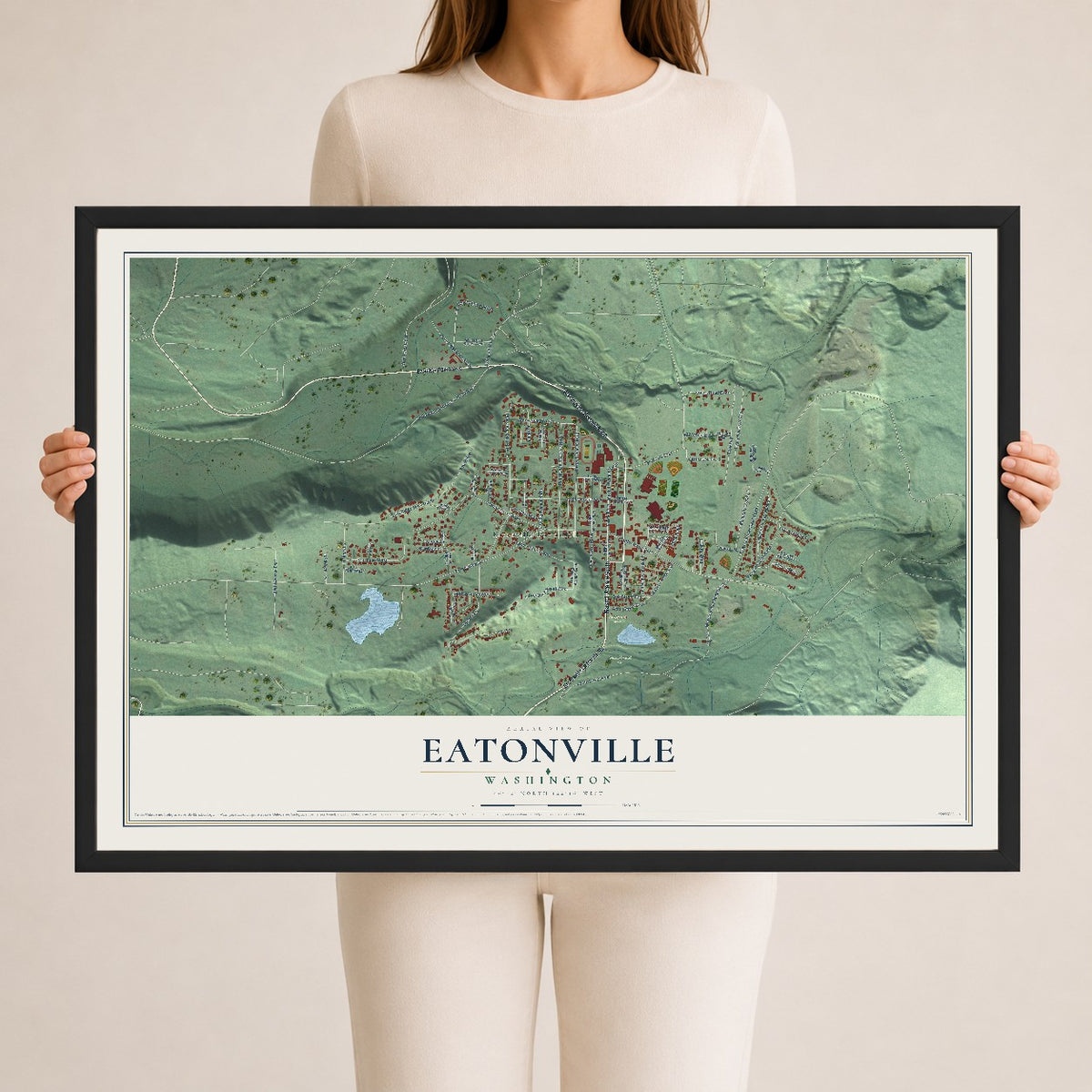 Map of Eatonville, Washington, 24 x 36 inch print in a black wood frame