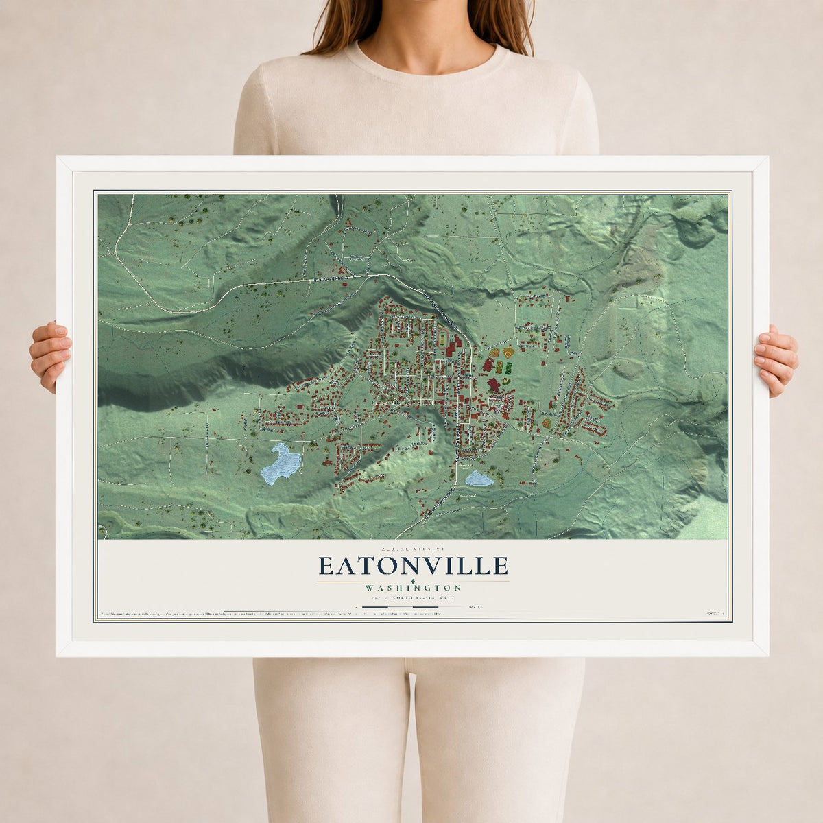 Map of Eatonville, Washington, 24 x 36 inch print in a white wood frame