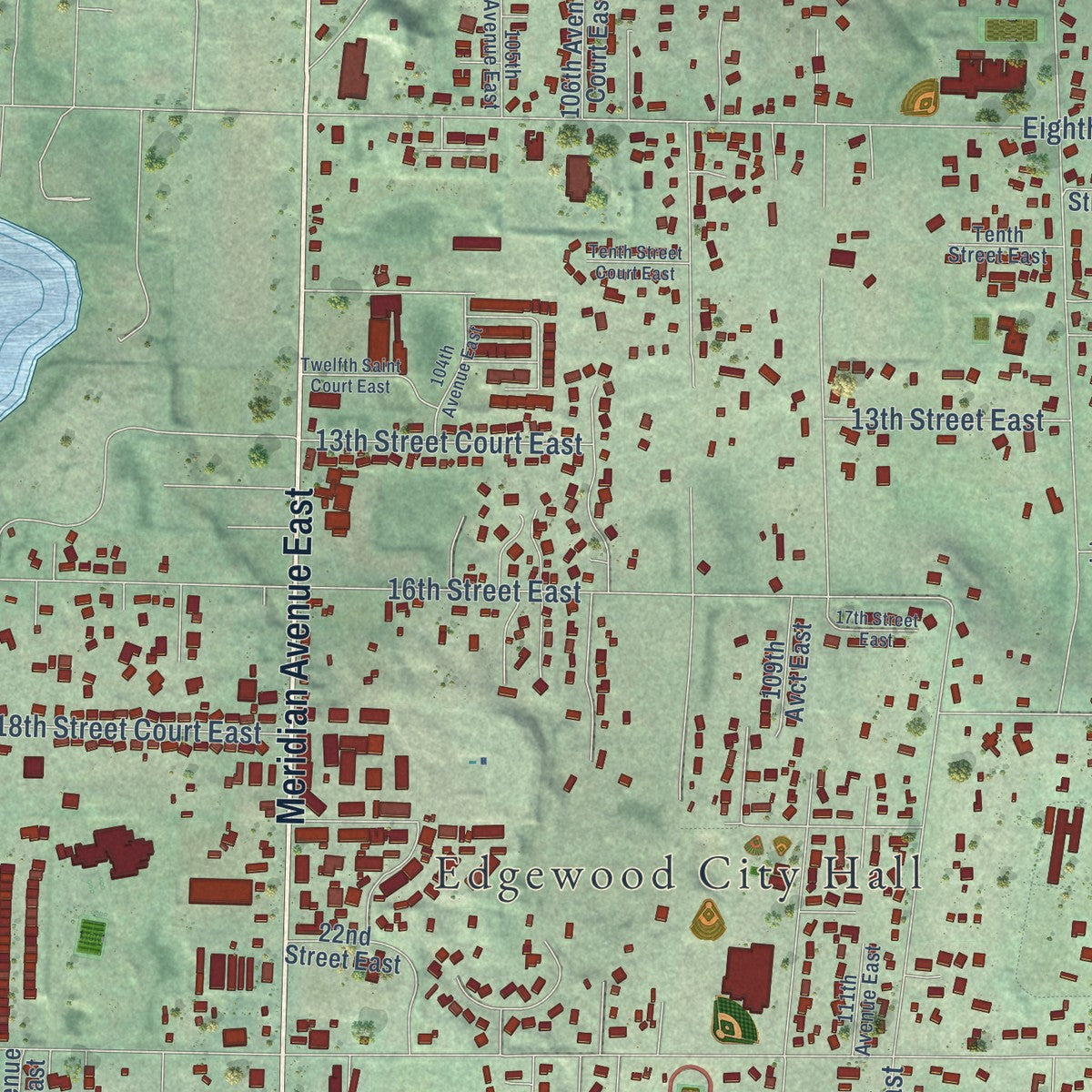 Second close-up of the map of Edgewood, Washington print showing more streets and buildings