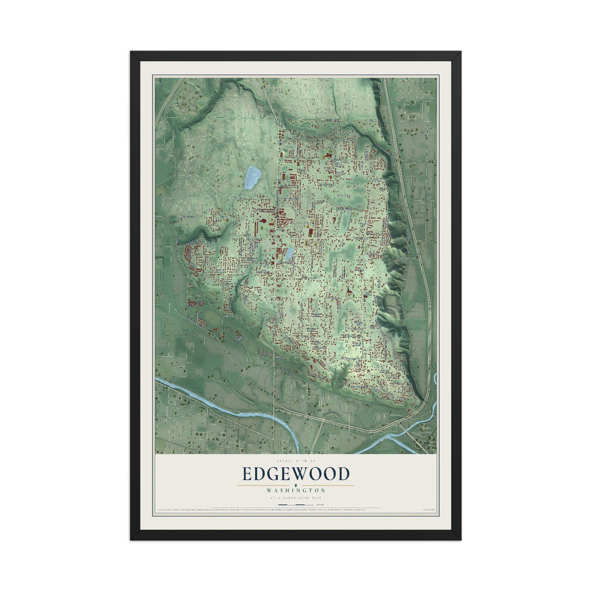 Map of Edgewood, Washington, 12 x 18 inch print in a black wood frame