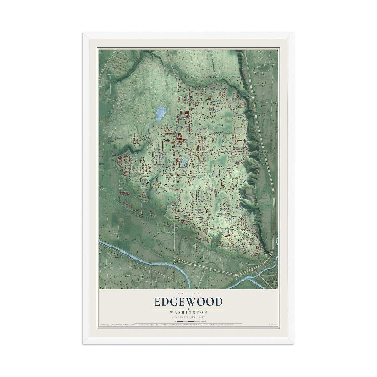 Map of Edgewood, Washington, 12 x 18 inch print in a white wood frame