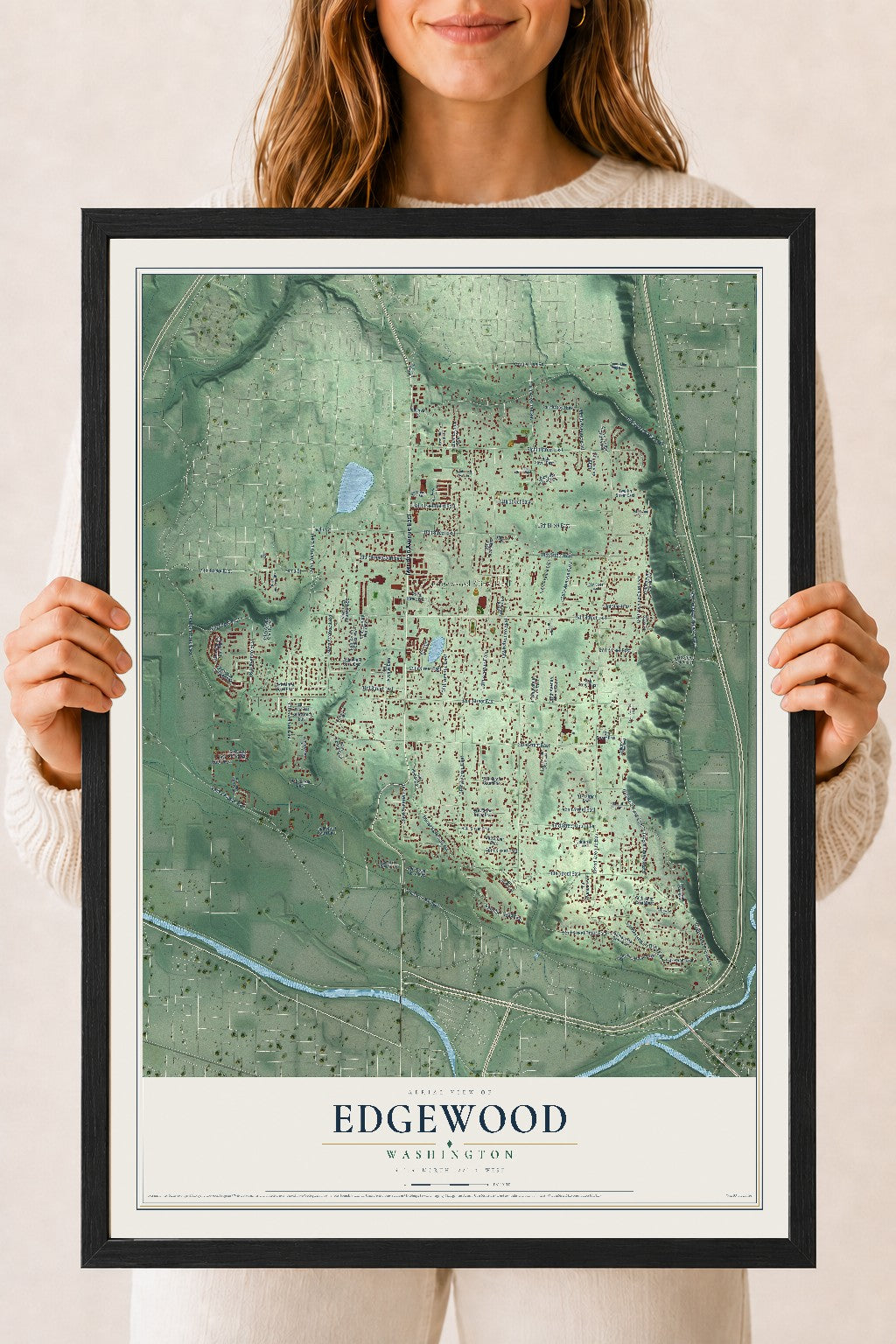 Map of Edgewood, Washington, 18 x 24 inch print in a black wood frame