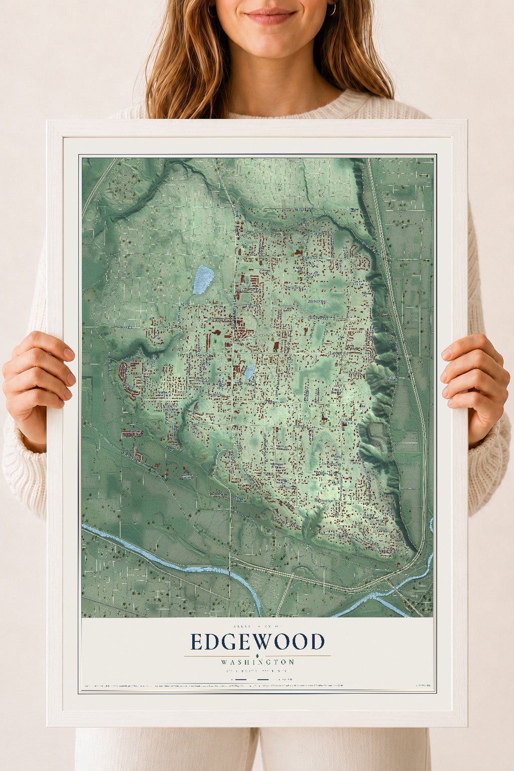 Map of Edgewood, Washington, 18 x 24 inch print in a white wood frame
