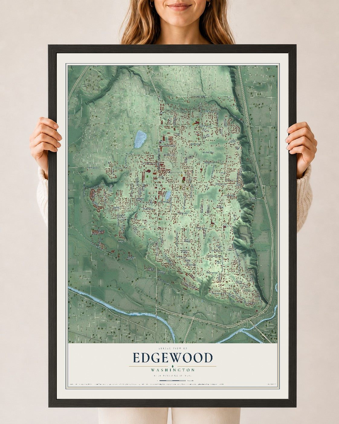 Map of Edgewood, Washington, 24 x 36 inch print in a black wood frame