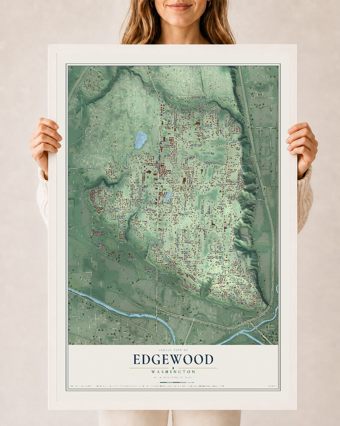 Map of Edgewood, Washington, 24 x 36 inch print in a white wood frame