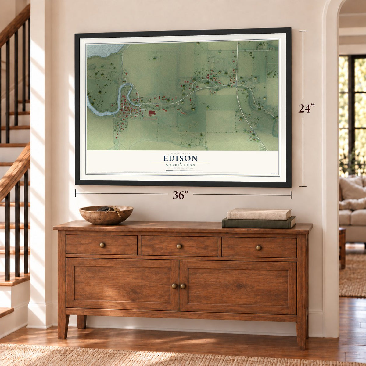 Edison, Washington map, 24 x 36 inch print in a black frame above a dresser by a staircase
