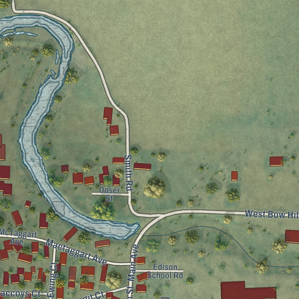 Close-up of the map of Edison, Washington print showing street and building detail