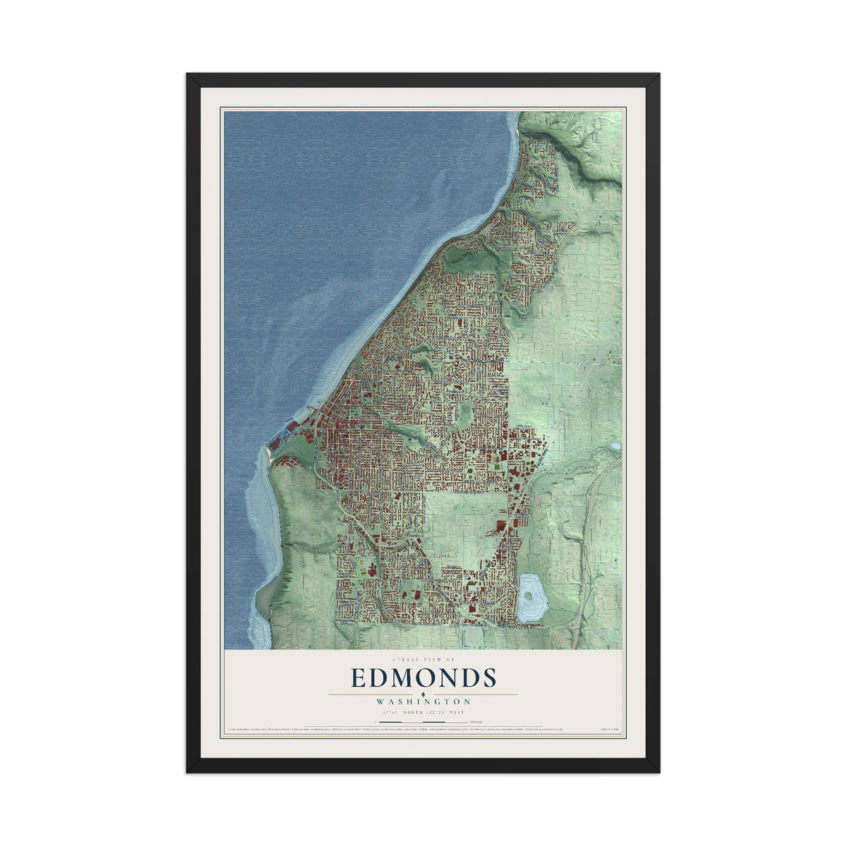 Map of Edmonds, Washington, 12 x 18 inch print in a black wood frame