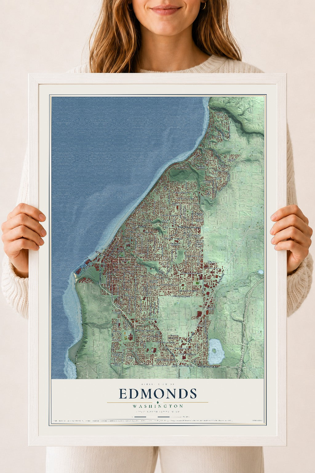 Map of Edmonds, Washington, 18 x 24 inch print in a white wood frame