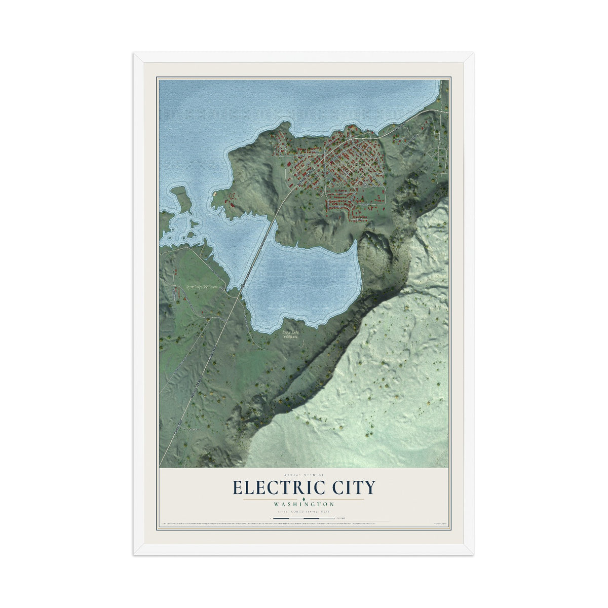 Map of Electric City, Washington, 12 x 18 inch print in a white wood frame