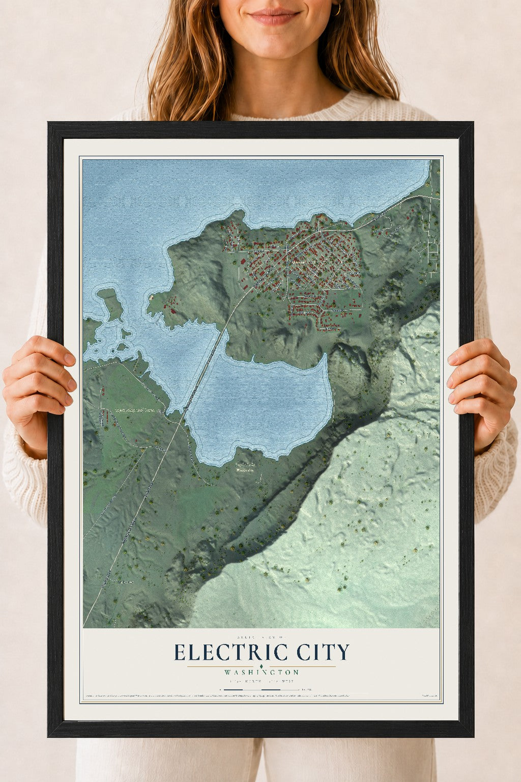Map of Electric City, Washington, 18 x 24 inch print in a black wood frame