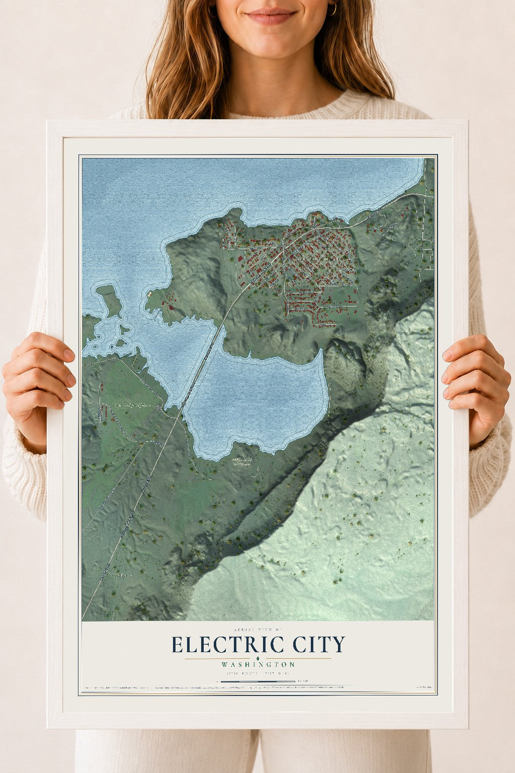 Map of Electric City, Washington, 18 x 24 inch print in a white wood frame